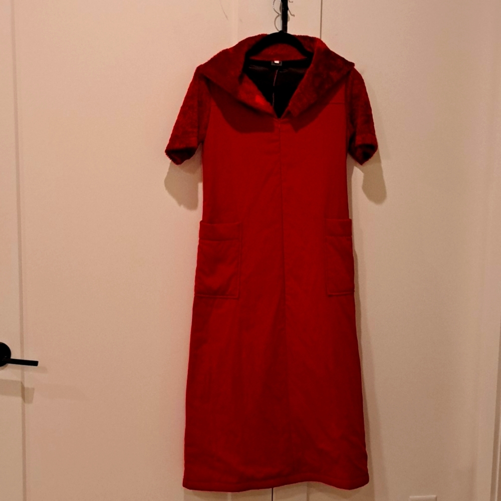 Vintage Red Dress MCM 1950 1960’s A Line Smock Empire Waist Fuax Fur Collar